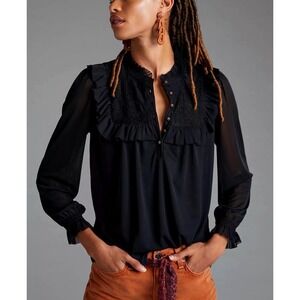 Anthropologie Ruffle Lace Blouse Black Women Size M Sheer Sleeve Gothic Coquette